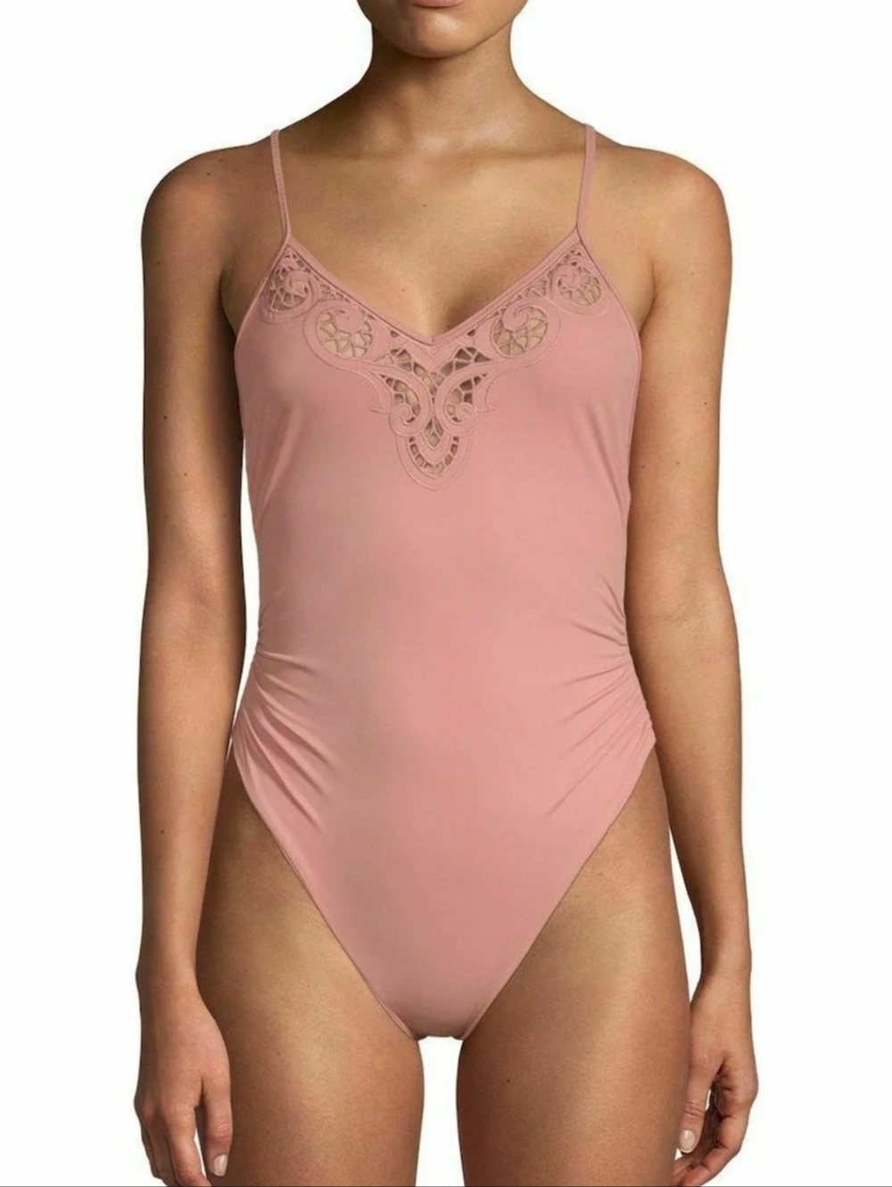 Tori Praver Bali Pink cutout crochet maillot one-piece swimsuit